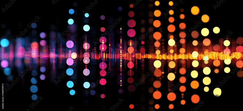 Poster colorful sound wave visualization with vibrant circles and bars representing audio frequencies and r