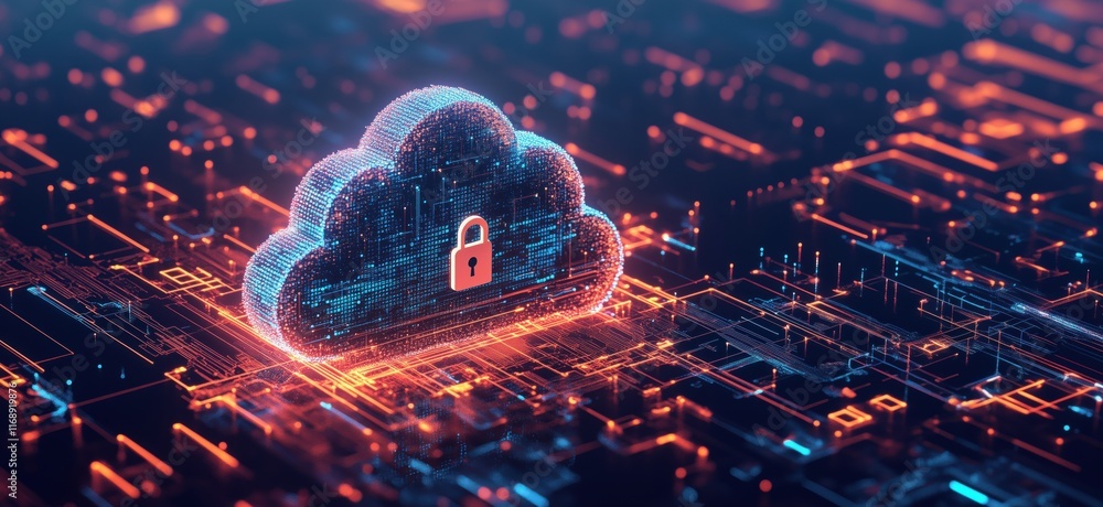 Poster cloud computing security with digital lock symbolizing data protection and privacy in a futuristic n