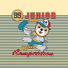 Adorable bear character playing and loving hockey sport, fun vector illustration.