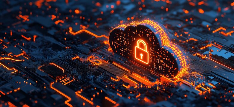 Cloud security concept with glowing lock symbol, digital circuit background, data protection, cybersecurity, technology innovation, copy space for text