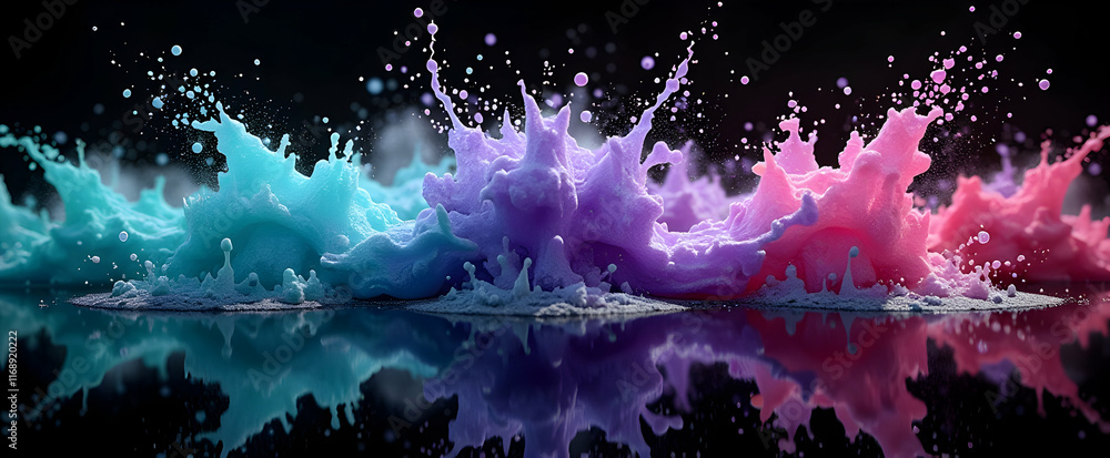 Poster vibrant hues explode in a mesmerizing splash, mirrored perfectly on a dark, reflective surface. a sy