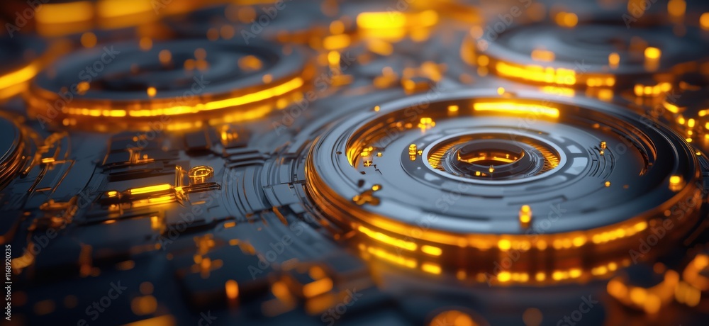 Poster futuristic glowing circuit board with intricate patterns and luminous orange accents, showcasing adv