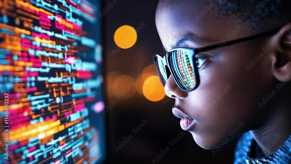 Poster child engages with computer coding in a vibrant digital environment at night