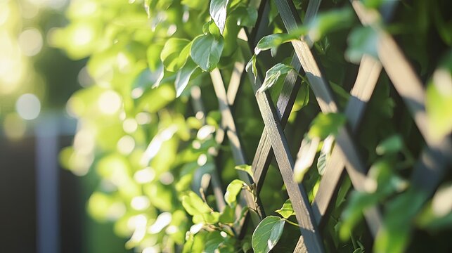 Lush greenery climbing a garden trellis in sunlight.