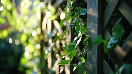 Obraz premium Sunlight on vines climbing wooden garden trellis. Use Home, garden, nature.