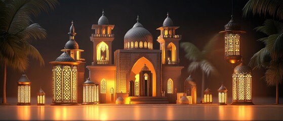 Obraz premium illustration of amazing architecture design of muslim mosque ramadan concept