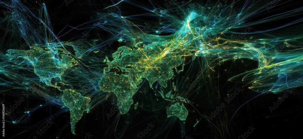 Poster global connectivity visualization with light trails representing data flows across continents and oc