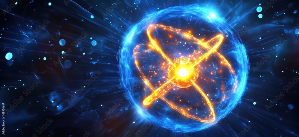 Poster atomic structure visualization with glowing nucleus and orbiting electrons, representing fundamental