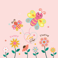 Adorable butterfly vector illustration admiring beautiful flowers.
