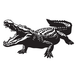 a black and white silhouette of a crocodile with white background