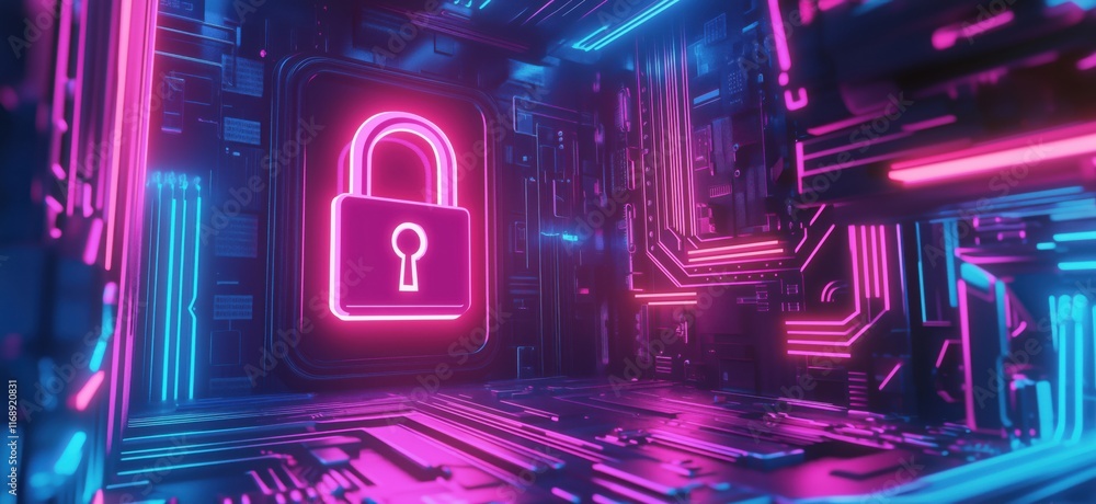 Poster digital lock symbol in neon cyber environment with futuristic circuitry and glowing lights, copy spa