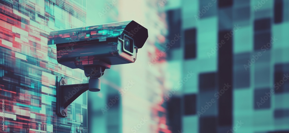 Poster surveillance camera monitoring urban environment with digital glitch effect, modern architecture bac