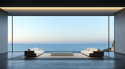 Obraz premium Modern interior with ocean view and minimalist design.