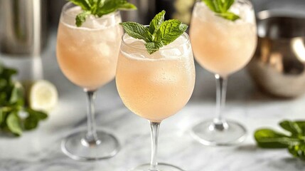 Fototapeta premium Three glasses of refreshing peach cocktails garnished with mint leaves on marble surface.