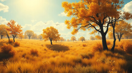 Obraz premium Landscape in summer with trees and meadows in bright sunshine