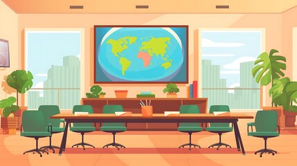 Modern Conference Room With World Map And City View