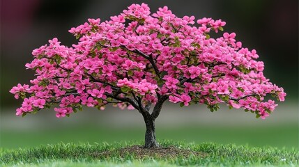 Pink flowering tree in full bloom on green grass.
