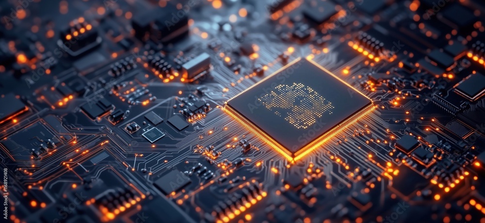 Poster high-tech microprocessor on circuit board with glowing connections and intricate details, showcasing