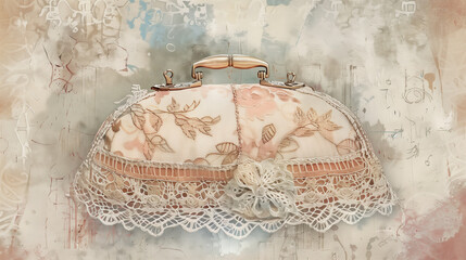 Vintage-style purse with lace details and delicate embroidery, set against a soft, watercolor background.