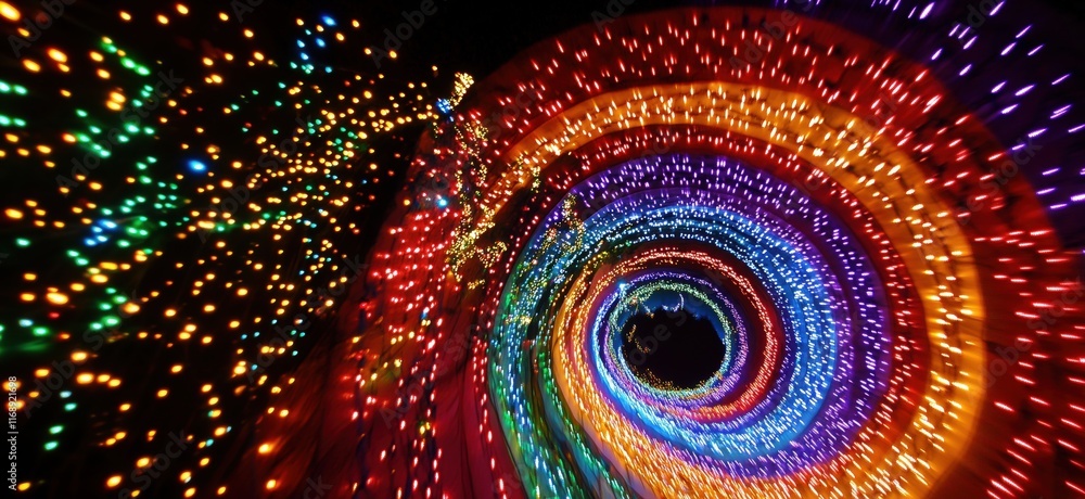 Poster colorful spiral of vibrant lights creating a mesmerizing tunnel effect, showcasing a dazzling array 