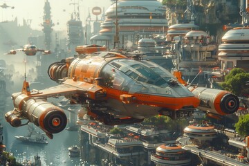 A futuristic cityscape with flying cars and towering skyscrapers 