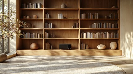 A minimalist living room with a large wooden bookshelf filled with books, decorative objects, and a small speaker. Sunlight streams in from a window, casting warm shadows on the floor.