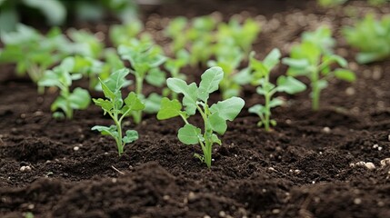 Young radish sprouts growing in garden soil.