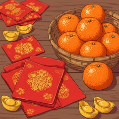 Chinese new year theme illustration red packets gold ingots mandarin oranges celebration