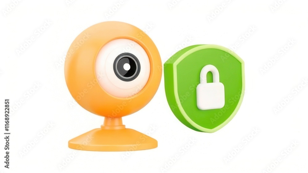 Poster a colorful webcam icon accompanied by a green shield symbolizing security and privacy in digital com