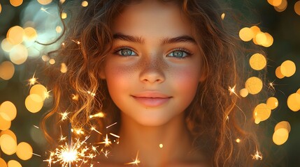 Fototapeta premium Captivating Portrait of a Girl Holding Sparklers at Twilight Radiant with Joy and Wonder