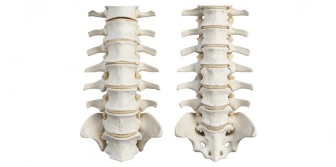 A detailed anatomical model of the human spine displaying vertebrae and the skull, highlighting the structure and alignment of the spinal column.