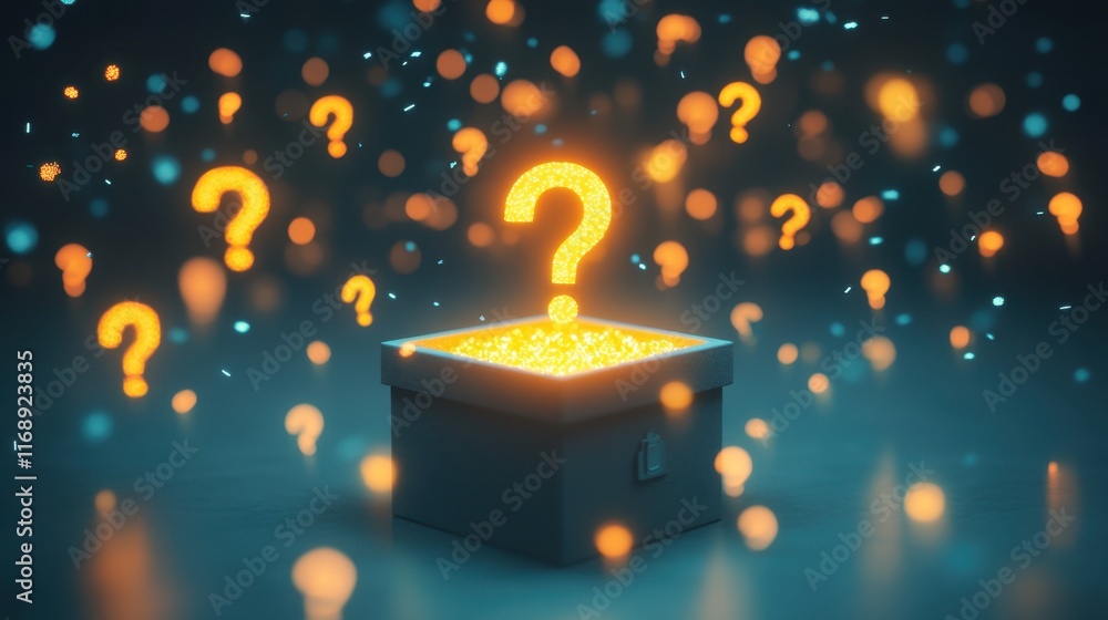 Poster mysterious box with glowing question marks and light effects