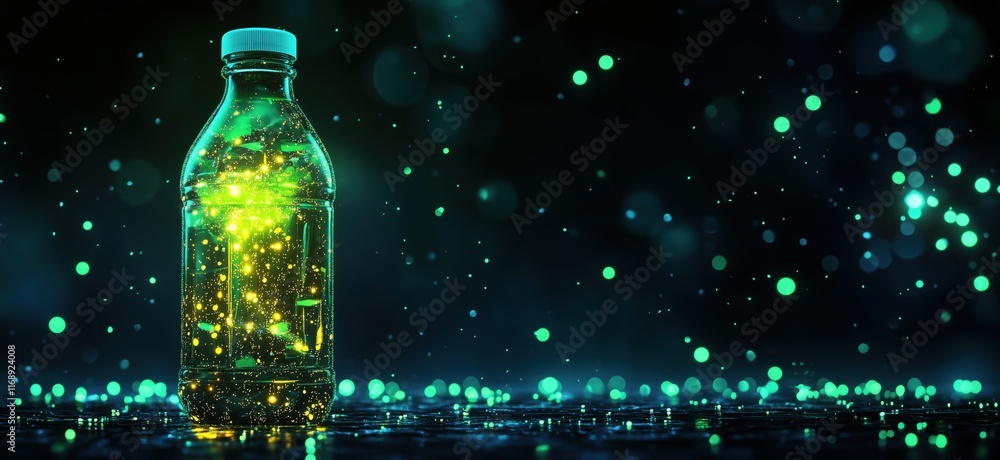 Poster glowing bottle with sparkling liquid, illuminated against dark background, surrounded by vibrant bok