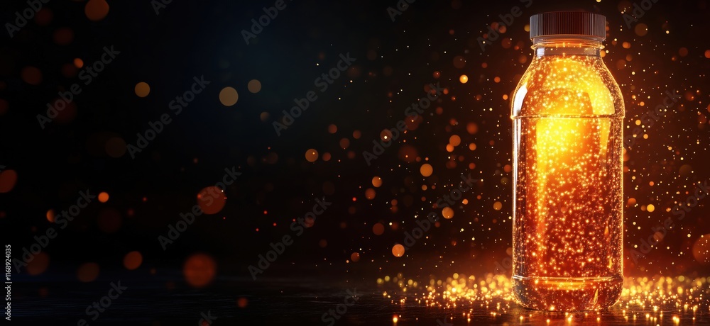 Poster glowing beverage bottle with sparkling liquid and bokeh effect, illuminated against dark background,