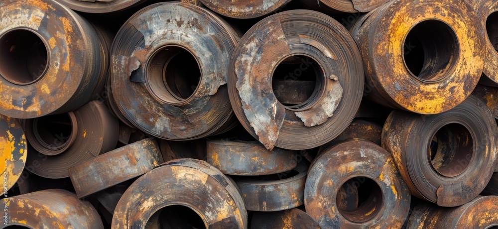 Poster rusty metal coils stacked in disarray showcasing weathered textures and industrial decay, copy space