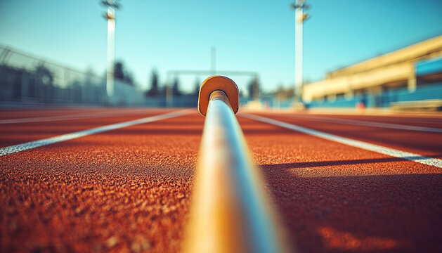 A dynamic shot of a pole vault bar set high, with track background vividly captured