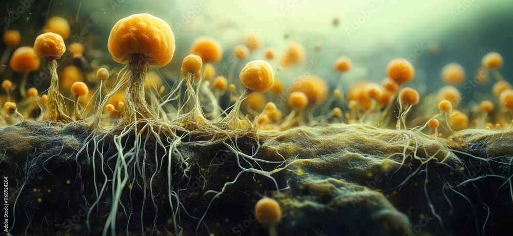 Poster bioluminescent mushrooms with intricate root systems in a mystical forest setting, showcasing vibran