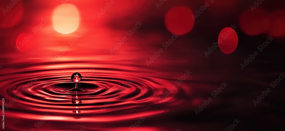 Poster water droplet creating ripples on red surface, reflecting light, creating mesmerizing patterns and b
