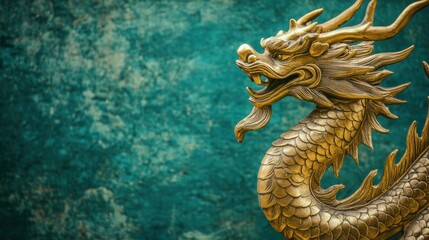 Fototapeta premium Golden-green sacramento chinese dragon statue on a dark green background with copy space