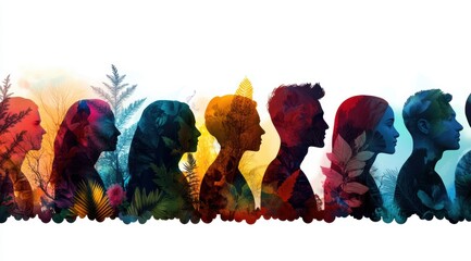A vivid collage of human profiles intertwined with vibrant foliage, symbolizing the connection between humanity and nature’s beauty.