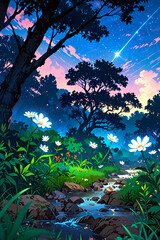 Tranquil Forest Stream with Starry Sky and Blooming White Daisies