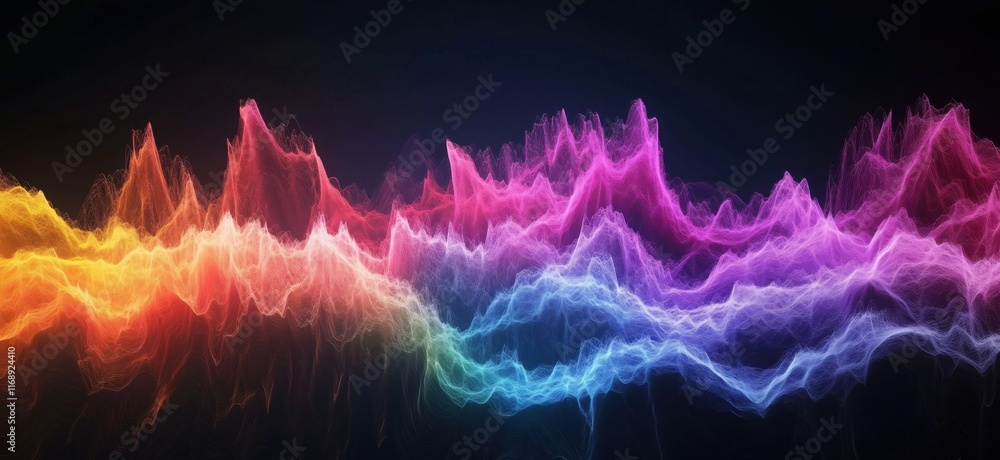 Poster vibrant abstract waveform visualization in multicolored spectrum with dynamic flow and energy repres