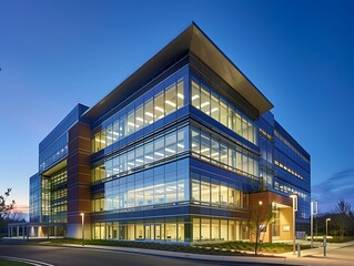 evening shot of modern office building with windows lit up