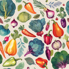 Vegetable watercolor seamless pattern. Can be used for wrapping, postcards, stickers, menus, ingredients of dishes.