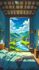 Cozy Bedroom Overlooking a Serene Landscape with River and Mountains