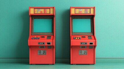 Two vintage red arcade game machines against a teal wall.