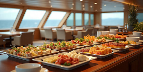  An elegant buffet aboard a luxurious cruise ship, offering a panoramic spread of gourmet dishes