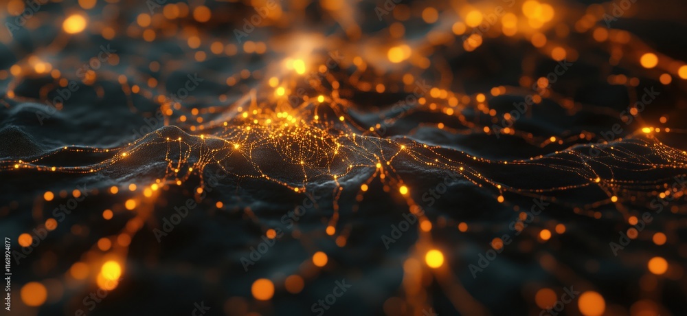 Poster abstract digital landscape with glowing orange connections and nodes representing data flow and netw
