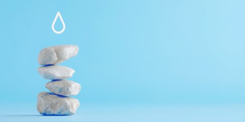 Balanced stones with a water droplet on a blue background.