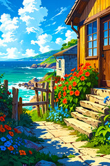 Cozy Seaside Cottage with Vibrant Garden Overlooking the Ocean